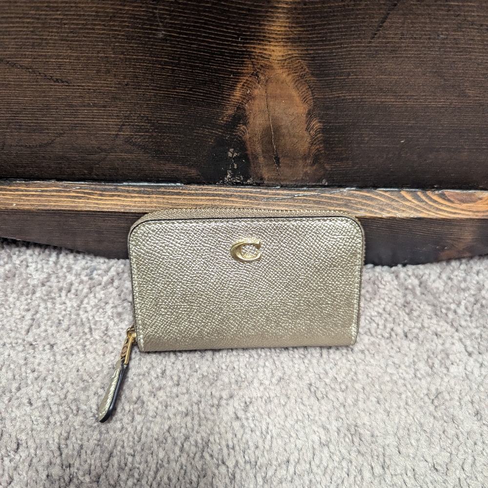 Coach Small Zip Around Card Case in Metallic Soft Gold